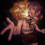  1girl black_ribbon black_shorts chainsaw_man collared_shirt dark_background explosion green_eyes grenade_pin hair_between_eyes kiwirabbit looking_at_viewer neck_ribbon one_eye_closed purple_hair reze_(chainsaw_man) ribbon severed_head shirt short_hair shorts sleeveless sleeveless_shirt solo tongue tongue_out white_shirt 