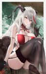  1girl aegir_(azur_lane) aegir_(golden_dragon_among_auspicious_clouds)_(azur_lane) armlet azur_lane bare_arms bare_shoulders black_garter_straps black_gloves black_thighhighs border breasts china_dress chinese_clothes cleavage crossed_legs dragon_girl dragon_horns dress feet_out_of_frame garter_straps gloves green_background hair_on_horn heart heart-shaped_pupils highres holding holding_brush holding_paintbrush horns kaji_zarame large_breasts looking_at_viewer multicolored_hair official_alternate_costume open_mouth paintbrush pelvic_curtain red_dress red_hair signature sitting smile smoke solo streaked_hair symbol-shaped_pupils teeth thighhighs thighs upper_teeth_only white_border white_hair yellow_eyes 