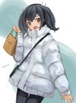  1girl artist_name bag black_hair black_pants blue_eyes coat commentary_request cowboy_shot highres jacket kantai_collection official_alternate_costume pants shopping_bag smile solo souryuu_(kancolle) twintails white_jacket winter_clothes winter_coat wss_(nicoseiga19993411) 