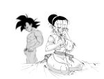  1boy 1girl after_fellatio blurry breast_hold breasts chi-chi_(dragon_ball) closed_eyes cum cum_in_mouth cum_on_body cum_on_breasts cum_on_hands cum_on_legs depth_of_field dragon_ball dragon_ball_z dressing earrings funsexydb greyscale hair_bun hetero highres husband_and_wife jewelry large_breasts male_pubic_hair monochrome muscular muscular_male nipples open_clothes open_vest pubic_hair seiza single_hair_bun sitting smile son_goku topless_male vest 