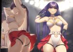  1girl armpits arms_behind_head arms_up ass bangs bare_shoulders blue_eyes blunt_bangs blush breasts cleavage earrings fate/grand_order fate_(series) jewelry large_breasts long_hair looking_at_viewer martha_(fate) martha_(holy_maiden&#039;s_teaching)_(fate) multiple_views navel open_mouth pinta_(ayashii_bochi) purple_hair thighs 