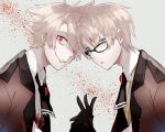  2boys aqua_eyes ascot bangs black_ascot black_gloves blonde_hair blood blood_on_clothes blood_splatter brooch brown_jacket collared_shirt commentary crazy_eyes dual_persona evil_grin evil_smile fate/grand_order fate_(series) from_side glasses gloves grey_background grey_vest grin hair_between_eyes holding_hands interlocked_fingers jacket jacket_on_shoulders jekyll_and_hyde_(fate) jewelry looking_at_viewer looking_to_the_side male_focus multiple_boys parted_bangs red_eyes saigokukun shirt short_hair smile splatter_background tears vest white_shirt 