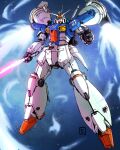  absurdres beam_saber commentary flying full_body green_eyes gundam gundam_0083 gundam_gp-01_full_vernian_zephyranthes highres holding holding_sword holding_weapon looking_at_viewer mecha mobile_suit moyan no_humans open_hand robot science_fiction sword v-fin weapon 