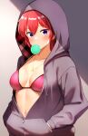  1girl bikini bikini_top_only bikini_under_clothes blush breasts bubble_blowing chewing_gum cleavage collarbone grey_jacket hair_rings highres hood hood_up hooded_jacket idolmaster idolmaster_million_live! jacket jewelry julia_(idolmaster) karua_(karua23) long_sleeves medium_breasts navel necklace open_clothes open_jacket partially_unzipped pink_bikini red_hair short_hair solo star_(symbol) star_necklace swimsuit 