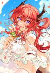  1girl :d absurdres arknights blue_sky breasts demon_horns food highres holding holding_food horns ice_cream ice_cream_cone medium_breasts narugrm official_alternate_costume purple_eyes red_hair single_hair_ring sky smile solo star_ornament surtr_(arknights) surtr_(colorful_wonderland)_(arknights) swimsuit_cover-up upper_body 