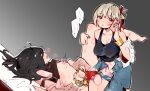  2girls bite_mark black_hair blonde_hair blue_pants blush breasts cellphone gradient_background grey_background hair_ribbon highres holding holding_phone inoue_takina large_breasts long_hair lycoris_recoil multiple_girls navel nishikigi_chisato open_fly pants phone red_ribbon restrained ribbon sex_toy shioneko114 short_hair small_breasts sweat vibrator vibrator_on_nipple yuri 