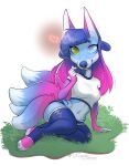  &lt;3 4_tails absurd_res anthro blue_body blue_clothing blue_eyes blue_fur blue_hair blue_leggings blue_legwear blue_nose blue_stripes canid canine clothing female fox fur grass green_eyes hair heterochromia hi_res kaurimoon laying_on_ground leggings legwear mammal multi_tail multicolored_body multicolored_fur multicolored_hair multicolored_tail pink_body pink_ears pink_feet pink_fur pink_hair plant solo sora_(sorafoxyteils) striped_body stripes tail topwear white_clothing white_topwear 