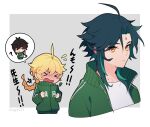  &gt;_&lt; 3boys aether_(genshin_impact) blonde_hair blush braid brown_hair chibi china_tracksuit closed_eyes genshin_impact green_hair green_jacket highres jacket kh66gs long_hair long_sleeves male_focus meme_attire multiple_boys open_mouth scar scar_on_neck translation_request xiao_(genshin_impact) yellow_eyes zhongli_(genshin_impact) 