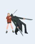  1boy 1girl black_coat black_pants black_shirt blonde_hair chainsaw_man coat grey_background hat holding holding_sword holding_weapon hood hoodie katana katana_man_(chainsaw_man) leaning_back looking_at_viewer military_hat pants red_hoodie sawatari_akane_(chainsaw_man) shirt short_hair shorts simple_background sword weapon zoo_(oukakumaku) 