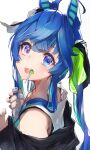  1girl @_@ absurdres ahoge animal_ears bangs black_jacket blue_eyes blue_hair blush bottle breasts candy cleavage crossed_bangs food food_in_mouth hatsuga_(dmaigmai) heterochromia highres holding holding_bottle horse_ears jacket lollipop long_hair off_shoulder open_mouth purple_eyes sharp_teeth simple_background small_breasts sweat tank_top teeth twin_turbo_(umamusume) twintails umamusume upper_body water_bottle white_background 