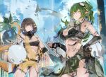  2girls absurdres arknights bare_shoulders bikini black_bikini black_gloves black_hair blue_eyes blue_hair breasts cleavage closed_mouth cowboy_shot day elbow_gloves eunectes_(arknights) gas_mask gavial_(arknights) gavial_the_invincible_(arknights) gloves green_hair hand_on_hip highres holding jumbowhopper large_breasts long_hair looking_at_viewer mask medium_breasts multicolored_hair multiple_girls navel oripathy_lesion_(arknights) outdoors palm_tree partially_fingerless_gloves pointy_ears robot short_hair snake_tail strapless strapless_bikini swimsuit tail tree two-tone_hair yellow_eyes 