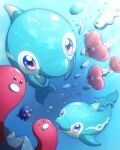  air_bubble animal_focus blue_eyes blurry bubble commentary finizen highres looking_up luvdisc monaka_(hc_pkmn) no_humans open_mouth pokemon pokemon_(creature) shellder symbol-only_commentary tynamo underwater wugtrio 