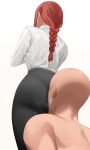  1boy 1girl ass bald black_pants braid braided_ponytail chainsaw_man formal from_below highres makima_(chainsaw_man) pants pantylines red_hair senju_(snz0) simple_background smelling steaming_body white_background 