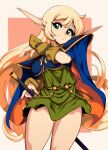 1girl absurdres arm_warmers blonde_hair blue_cape blush cape closed_mouth deedlit green_eyes highres holding holding_sword holding_weapon long_hair orange_background pink_background pointy_ears record_of_lodoss_war slugbox smile solo standing sword thighs two-tone_background weapon 