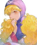  1girl absurdres bangs blonde_hair blush colored_eyelashes curly_hair dragon_quest dragon_quest_ii eyelashes highres hood long_hair long_sleeves mari-mason one_eye_closed parted_lips princess_of_moonbrook red_eyes robe solo white_background 