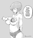  1girl arms_behind_back breast_grab breasts closed_eyes commentary disembodied_limb english_commentary english_text grabbing greyscale highres large_breasts monochrome navel panties ranma_1/2 short_hair solo sweat tendou_nabiki twitter_username underwear upper_body yashiro_a._marino 