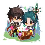  ! 2boys bangs bead_necklace beads black_gloves box brown_hair brown_pants chibi earrings genshin_impact gloves green_hair hair_between_eyes highres holding holding_polearm holding_weapon jewelry kh66gs long_coat long_hair male_focus multicolored_hair multiple_boys necklace orange_eyes pants polearm single_earring weapon xiao_(genshin_impact) yellow_eyes zhongli_(genshin_impact) 