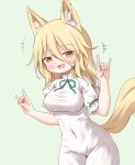  +++ 1girl animal_ears arinu blonde_hair blush breasts cowboy_shot double_fox_shadow_puppet fingernails fox_ears fox_shadow_puppet fox_tail green_background green_ribbon highres kudamaki_tsukasa large_breasts open_mouth ribbon romper short_hair short_sleeves simple_background smile solo tail touhou white_romper yellow_eyes 