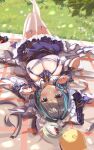  1girl absurdres animal_ears apron azur_lane bare_shoulders black_hair border breasts cat_ears cheshire_(azur_lane) cleavage detached_sleeves fake_animal_ears fang frilled_apron frilled_hairband frilled_ribbon frills garter_straps hairband highres large_breasts long_ribbon looking_at_viewer lying maid maid_headdress manjuu_(azur_lane) multicolored_hair on_back paw_print paw_print_background puffy_detached_sleeves puffy_sleeves ribbon solo streaked_hair thighhighs two-tone_background two-tone_hair white_thighhighs whitecatcat wrist_cuffs 