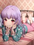  1girl absurdres alternate_hairstyle bang_dream! barefoot blush hair_down head_rest highres indoors long_hair looking_at_viewer lying noshimurin on_bed on_stomach pajamas purple_hair red_eyes smile solo udagawa_ako 