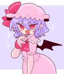  1girl ascot bat_wings bow collared_shirt fang frilled_shirt_collar frilled_sleeves frills hat hat_ribbon highres light_purple_hair mob_cap op_na_yarou pink_headwear pink_shirt pink_skirt pointy_ears puffy_short_sleeves puffy_sleeves red_ascot red_bow red_eyes red_ribbon remilia_scarlet ribbon shirt short_hair short_sleeves skirt skirt_set solo touhou v-shaped_eyebrows wings wrist_cuffs 