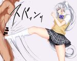 1boy 1girl black_shorts clothed_female_nude_male commentary_request crotch_kick femdom foot_out_of_frame grey_background grey_hair grey_skirt highres higuchi_kaede kicking long_hair looking_at_another nijisanji no_shoes nude penis plaid plaid_skirt pleated_skirt ponytail purple_eyes shirt short_shorts short_sleeves shorts shorts_under_skirt simple_background skirt socks standing standing_on_one_leg sweater_vest thighs very_long_hair watarase_piro white_shirt white_socks 
