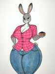  anthro big_breasts big_butt blueberry_(fruit) bottomwear breasts butt cleavage clothed clothing container curvy_figure denim denim_clothing disney female food fruit fur grey_body grey_fur hi_res holding_container holding_object jeans judy_hopps lagomorph leporid mammal pants plant purple_eyes rabbit solo thaliaglacyswells thick_thighs voluptuous wide_hips zootopia 