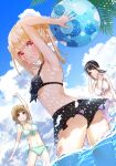  3girls amane_lily armpits arms_behind_head arms_up ass azuma_sawayoshi ball beachball bikini black_bikini black_hair blonde_hair breasts brown_hair cloud frilled_bikini frills green_bikini holding holding_ball holding_beachball looking_at_viewer multiple_girls navel ocean official_art oroka_na_tenshi_wa_akuma_to_odoru parted_lips polka_dot polka_dot_bikini ponytail red_eyes sky small_breasts smile stomach swimsuit wading white_bikini 