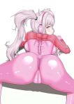  1girl absurdres albert_(user_wyjg7843) alice_(nikke) all_fours ass bodysuit breasts cameltoe from_behind gloves goddess_of_victory:_nikke highres large_breasts long_hair pink_bodysuit pink_eyes pink_gloves pink_headphones shrug_(clothing) sideboob skin_tight solo twintails white_hair 