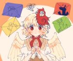  1girl animal animal_on_head bird bird_on_head bird_wings blonde_hair blush brown_dress closed_mouth dress feathered_wings haniwa_(statue) itomugi-kun kicchou_yachie kicchou_yachie_(jidiao) kurokoma_saki kurokoma_saki_(pegasus) multicolored_hair niwatari_kutaka on_head red_eyes red_hair shirt short_hair short_sleeves solo touhou toutetsu_yuuma toutetsu_yuuma_(sheep) two-tone_hair upper_body white_shirt wings yellow_wings 