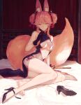  1girl absurdres animal_ear_fluff animal_ears bangs bare_shoulders barefoot black_dress black_footwear black_gloves breasts center_opening china_dress chinese_clothes closed_mouth double_bun dress fan_print fate/grand_order fate_(series) folding_fan fox_ears fox_tail full_body gloves hair_bun hair_ornament hand_fan hand_up high_heels highres holding holding_fan koyanskaya_(chinese_lostbelt_outfit)_(fate) koyanskaya_(fate) large_breasts legs looking_at_viewer nashiko_(nanaju_ko) on_bed pink_hair shade shoe_removed side_slit sidelighting sitting smile solo tail tamamo_(fate) toes underboob yellow_eyes yokozuwari 