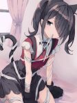  1girl ame-chan_(needy_girl_overdose) animal_ears bandages bangs black_hair cat_ears cat_tail diagonal_bangs hair_ornament hair_over_one_eye hairclip highres kneeling looking_at_viewer needy_girl_overdose purple_eyes skirt solo tail twintails usamiusamimii 