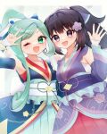 2girls :d ;d absurdres bangs black_hair commentary_request dawn_(new_year&#039;s_2023)_(pokemon) dawn_(pokemon) detached_sleeves eyelashes green_eyes green_hair green_ribbon green_skirt hair_ribbon hand_up highres japanese_clothes kimono lisia_(new_year&#039;s_2023)_(pokemon) lisia_(pokemon) looking_at_viewer multiple_girls official_alternate_costume one_eye_closed open_mouth pleated_skirt pokemon pokemon_(game) pokemon_masters_ex ponytail purple_ribbon red_skirt ribbon sash skirt smile w white_sash yama_(toaru_puyopuyo) 