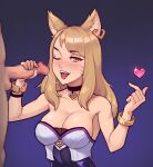  1boy 1girl ahri_(league_of_legends) animal_ears bangs bare_shoulders black_choker blonde_hair blush bracelet breasts censored choker collarbone covered_nipples earrings finger_heart fox_ears gradient_background handjob heart heart_earrings highres jewelry k/da_(league_of_legends) k/da_ahri large_breasts league_of_legends long_hair mosaic_censoring official_alternate_costume penis saliva saliva_trail sneakveek testicles tongue tongue_out upper_body 