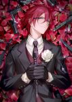  1boy bangs barbed_wire black_gloves blue_eyes breast_pocket bullet closed_mouth collared_shirt commentary earrings ensemble_stars! flower flower_in_pocket formal glasses gloves gun hair_between_eyes holding holding_weapon jewelry lapels long_sleeves lying male_focus necktie petals pocket purple_hair rose rrr_(reason) saegusa_ibara shirt solo suit tie_clip weapon white_flower white_rose 