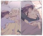  2girls absurdres age_progression aged_down bang_dream! blanket blonde_hair blush closed_eyes dog hani_(user_wyem8325) highres hug long_hair lying medium_hair multiple_girls multiple_views on_bed on_side purple_hair seta_kaoru shirasagi_chisato sleeping yuri 