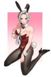  1girl animal_ears blush bow bowtie breasts cape covered_navel detached_collar edelgard_von_hresvelg fake_animal_ears fake_tail fire_emblem fire_emblem:_three_houses fire_emblem_warriors:_three_hopes grey_hair hair_ornament high_heels highres leotard long_hair looking_at_viewer pantyhose playboy_bunny purple_eyes rabbit_ears rabbit_tail radiostarkiller red_leotard simple_background solo strapless strapless_leotard tail white_hair wrist_cuffs 