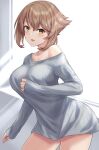  1girl absurdres alternate_costume blush brown_hair clothes_pull collarbone cowboy_shot green_eyes grey_sweater hair_between_eyes highres kantai_collection long_sleeves monoku mutsu_(kancolle) open_mouth ribbed_sweater short_hair sleeves_past_wrists smile solo sweater sweater_pull 