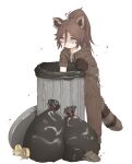  1girl :&lt; absurdres animal_ears animal_hands black_gloves blue_eyes brown_hair brown_jumpsuit bug can canned_food character_request commentary fly gloves greentree hair_between_eyes highres hood hood_down hooded_jumpsuit jumpsuit last_origin long_hair looking_down paw_gloves ponytail raccoon_ears raccoon_girl raccoon_tail simple_background solo tail teardrop trash trash_bag trash_can very_long_hair white_background zipper_pull_tab 