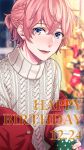  1boy 310_p ashu_yuuta b-project christmas christmas_stocking cup dated fang freckles happy_birthday holding holding_cup jacket long_sleeves looking_at_viewer male_focus mug open_mouth pink_eyes pink_hair red_jacket short_hair solo sweater turtleneck turtleneck_sweater white_sweater 