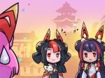  3girls animal_ears bangs bare_shoulders black_hair blush_stickers braid closed_mouth double_bun fake_animal_ears fur_trim gwen_(league_of_legends) hair_bun house league_of_legends long_hair looking_at_viewer multicolored_hair multiple_girls mythmaker_gwen mythmaker_seraphine mythmaker_zoe outdoors phantom_ix_row pink_hair rabbit_ears red_eyes red_hair seraphine_(league_of_legends) smile streaked_hair zoe_(league_of_legends) 