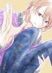  1boy absurdres b-project blonde_hair closed_mouth denim haruka_hrn0510 highres jeans light_brown_background long_sleeves looking_at_viewer male_focus pants purple_eyes purple_sweater short_hair sketch smile solo sweater teramitsu_haruhi waving 