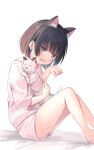  1girl animal animal_ear_fluff animal_ears animal_hug aqua_eyes bangs bare_legs blush brown_hair cat cat_ears clothed_animal commentary_request fake_animal_ears fang feet_out_of_frame hand_up highres knees_up looking_down na-ga off-shoulder_shirt off_shoulder open_mouth original paw_pose pink_shirt pink_shorts shirt short_hair short_shorts shorts sidelocks simple_background sitting skin_fang solo striped striped_shirt striped_shorts thighs white_background white_cat 