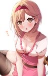  1girl :o bangs black_thighhighs blonde_hair blush breasts brown_eyes cleavage collarbone djeeta_(granblue_fantasy) frilled_shirt frills granblue_fantasy hair_between_eyes hairband looking_at_viewer medium_breasts notice_lines omuretsu open_mouth pink_skirt puffy_short_sleeves puffy_sleeves red_hairband shirt short_sleeves signature simple_background skirt solo thighhighs white_background white_shirt 