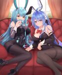  2girls absurdres ahoge alternate_costume animal_ears arm_warmers azur_lane black_leotard black_pantyhose blue_hair boise_(azur_lane) boise_(sheepish_sapphire)_(azur_lane) bow bowtie breasts couch covered_mouth curtains day detached_collar fake_animal_ears hair_ornament hands_over_own_mouth helena_(azur_lane) high_heels highres jacket kyl490 large_breasts leotard light_blue_hair long_hair looking_at_viewer mechanical_ears multiple_girls official_alternate_costume pantyhose playboy_bunny purple_eyes purple_hair rabbit_ears red_bow red_bowtie sitting smelling_hair window yellow_eyes 