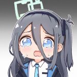  1girl aris_(blue_archive) black_hair blue_archive blue_eyes crying crying_with_eyes_open gradient_background hair_between_eyes hairband halo long_hair morita_(mofuball319) necktie school_uniform side_ponytail sidelocks tears wavy_mouth 
