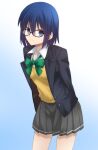  1girl arms_behind_back bangs blazer blue_eyes blue_hair breasts ciel_(tsukihime) commentary glasses highres jacket long_sleeves looking_at_viewer pleated_skirt school_uniform shirt short_hair skirt smile solo sweater_vest symbol-only_commentary tsukihime vent_vert_(kuuya) 