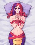  1girl bangs blush bound bound_wrists bow breasts closed_mouth collarbone english_commentary gift_art hands_up highres lamia large_breasts long_hair lying monster_girl multicolored_hair navel on_back original pillow purple_hair red_bow red_ribbon ribbon sideways_glance skindentation slit_pupils sneakveek solo two-tone_hair 