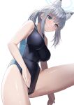  1girl animal_ear_fluff animal_ears bangs blue_archive blue_eyes breasts closed_mouth commentary_request competition_swimsuit covered_navel cross_hair_ornament grey_hair hair_ornament halo highres kurowan large_breasts looking_at_viewer official_alternate_costume one-piece_swimsuit shiroko_(blue_archive) shiroko_(swimsuit)_(blue_archive) short_hair simple_background solo swimsuit thighs white_background 
