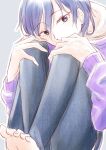  1boy absurdres b-project covering_mouth denim haruka_hrn0510 highres jeans light_blue_background long_sleeves looking_at_viewer male_focus pants purple_eyes purple_hair purple_sweater short_hair sketch solo sweater teramitsu_yuduki 
